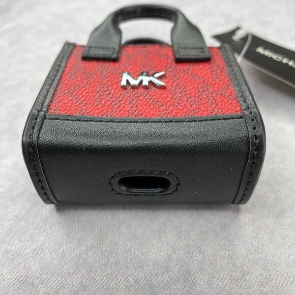 MICHAEL KORS Micro Signature Logo Earbud Case AirPod Case Red Womens Purse Fob - Picture 5 of 14